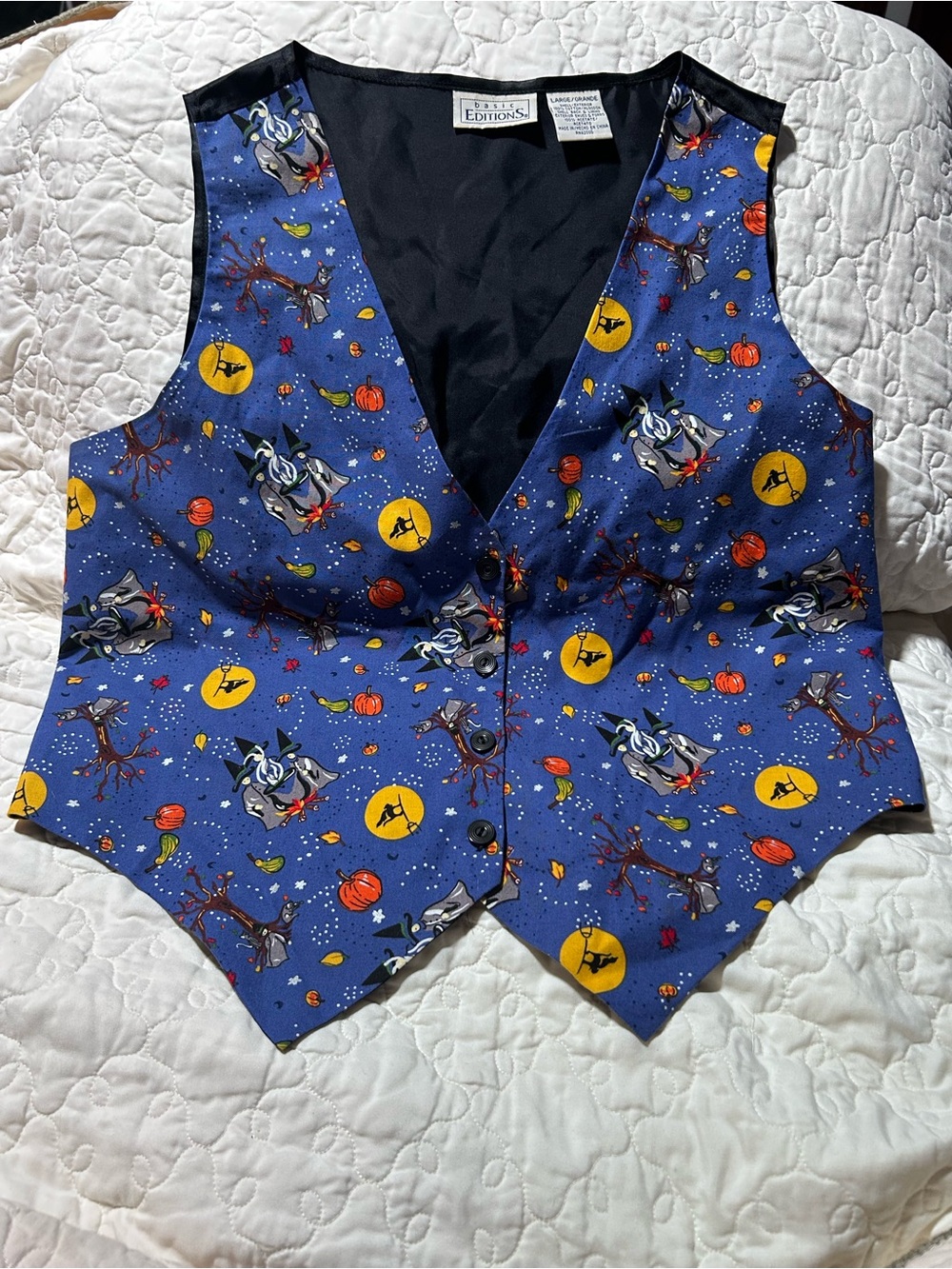 Vintage 90s Basic Editions Halloween Vest Large Blue Witch Pumpkin Spooky